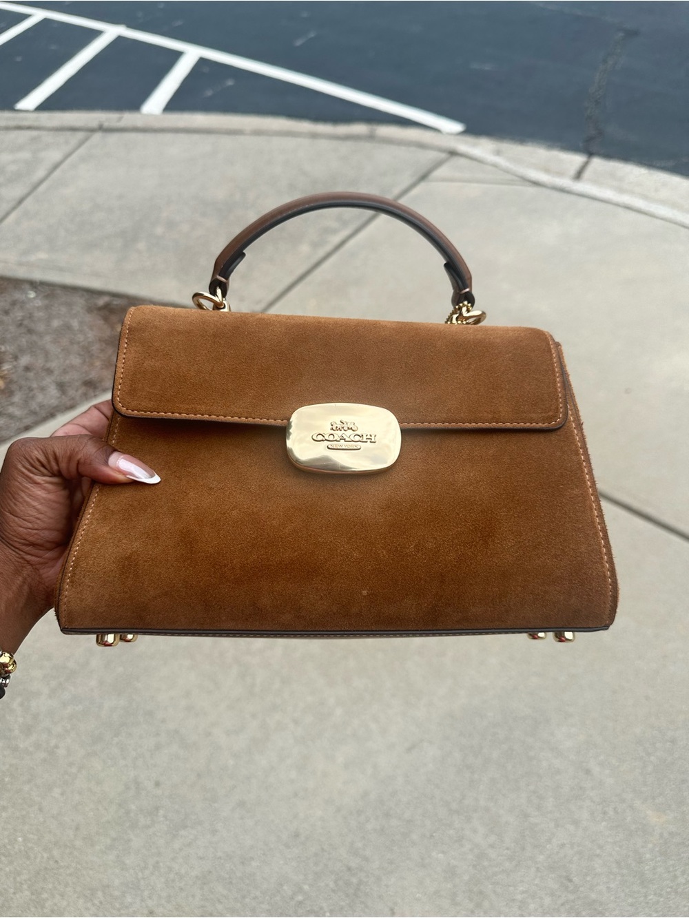 Coach Eliza Brown Suede Top-Handle Satchel with Gold Hardware